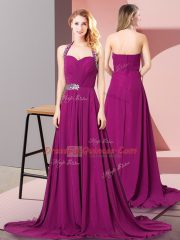 Customized Chiffon Sleeveless Evening Dress Brush Train and Beading and Ruching