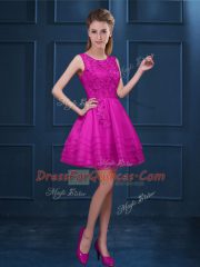 Fabulous Sleeveless Knee Length Lace and Ruffled Layers Zipper Quinceanera Dama Dress with Fuchsia