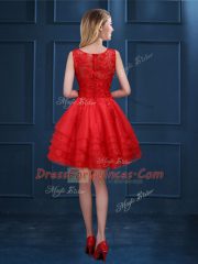 Fabulous Sleeveless Knee Length Lace and Ruffled Layers Zipper Quinceanera Dama Dress with Fuchsia