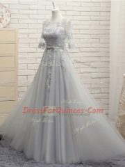 Sophisticated Floor Length Lace Up Vestidos de Damas Grey for Prom and Party and Wedding Party with Appliques