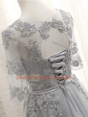 Sophisticated Floor Length Lace Up Vestidos de Damas Grey for Prom and Party and Wedding Party with Appliques