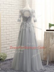Sophisticated Floor Length Lace Up Vestidos de Damas Grey for Prom and Party and Wedding Party with Appliques