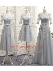 Sophisticated Floor Length Lace Up Vestidos de Damas Grey for Prom and Party and Wedding Party with Appliques