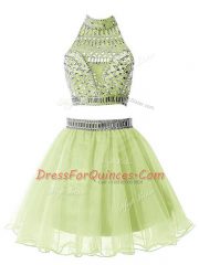 Stylish High-neck Sleeveless Quinceanera Court Dresses Knee Length Beading Yellow Green Organza