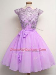 Luxurious Lilac Cap Sleeves Chiffon Lace Up Quinceanera Dama Dress for Prom and Party and Wedding Party
