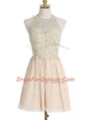 Glorious Champagne Empire Chiffon Halter Top Sleeveless Appliques Knee Length Lace Up Dama Dress for Quinceanera