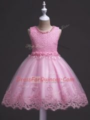 Rose Pink Ball Gowns Lace Pageant Gowns For Girls Zipper Tulle Sleeveless Knee Length
