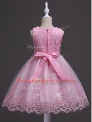 Rose Pink Ball Gowns Lace Pageant Gowns For Girls Zipper Tulle Sleeveless Knee Length