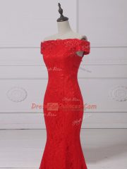 Edgy Scoop Sleeveless Evening Dress Lace and Appliques Red Lace