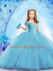 Lace Up Girls Pageant Dresses Baby Blue for Party and Wedding Party with Beading Brush Train