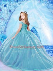 Lace Up Girls Pageant Dresses Baby Blue for Party and Wedding Party with Beading Brush Train