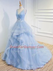 Light Blue A-line V-neck Sleeveless Tulle Floor Length Brush Train Lace Up Beading and Ruffles Prom Evening Gown