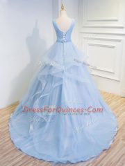 Light Blue A-line V-neck Sleeveless Tulle Floor Length Brush Train Lace Up Beading and Ruffles Prom Evening Gown