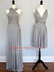 Sleeveless Floor Length Ruching Lace Up Damas Dress with Grey
