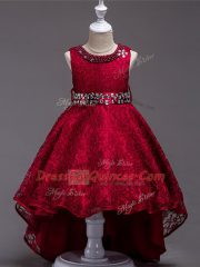 Wine Red Scoop Lace Up Beading Pageant Gowns For Girls Sleeveless