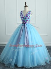 Nice Light Blue Ball Gowns Appliques and Belt Quinceanera Dresses Lace Up Organza Sleeveless Floor Length