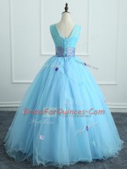 Nice Light Blue Ball Gowns Appliques and Belt Quinceanera Dresses Lace Up Organza Sleeveless Floor Length
