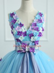 Nice Light Blue Ball Gowns Appliques and Belt Quinceanera Dresses Lace Up Organza Sleeveless Floor Length