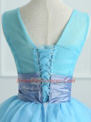 Nice Light Blue Ball Gowns Appliques and Belt Quinceanera Dresses Lace Up Organza Sleeveless Floor Length
