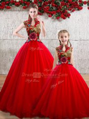 Sexy Red Sleeveless Floor Length Appliques Lace Up 15th Birthday Dress
