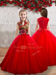 Sexy Red Sleeveless Floor Length Appliques Lace Up 15th Birthday Dress