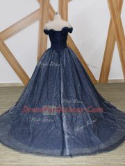 Modern Sleeveless Tulle Brush Train Lace Up Dress for Prom in Navy Blue with Ruching