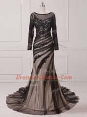 Elegant Black Dress for Prom Scoop Long Sleeves Brush Train Zipper