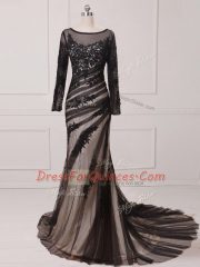 Elegant Black Dress for Prom Scoop Long Sleeves Brush Train Zipper