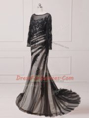 Elegant Black Dress for Prom Scoop Long Sleeves Brush Train Zipper