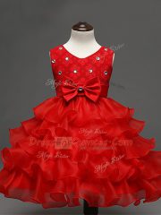 Red Organza Zipper Girls Pageant Dresses Sleeveless Knee Length Lace and Ruffled Layers and Bowknot