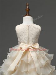 Red Organza Zipper Girls Pageant Dresses Sleeveless Knee Length Lace and Ruffled Layers and Bowknot