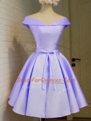 Exquisite Off The Shoulder Cap Sleeves Vestidos de Damas Knee Length Belt Lavender Taffeta