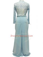 Chiffon High-neck Long Sleeves Side Zipper Lace Prom Party Dress in Light Blue