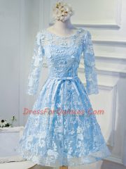 Lovely Scoop Long Sleeves Evening Dress Mini Length Beading and Appliques Light Blue Organza