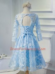Lovely Scoop Long Sleeves Evening Dress Mini Length Beading and Appliques Light Blue Organza