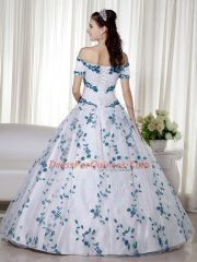 Clearance White Ball Gowns Organza Off The Shoulder Short Sleeves Embroidery Floor Length Lace Up Sweet 16 Dresses