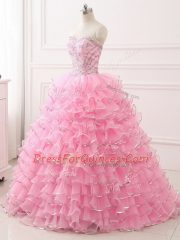 Vintage Sleeveless Organza Sweep Train Lace Up Ball Gown Prom Dress in Baby Pink with Beading and Ruffled Layers