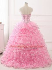 Vintage Sleeveless Organza Sweep Train Lace Up Ball Gown Prom Dress in Baby Pink with Beading and Ruffled Layers