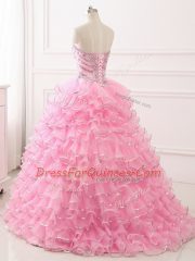 Vintage Sleeveless Organza Sweep Train Lace Up Ball Gown Prom Dress in Baby Pink with Beading and Ruffled Layers