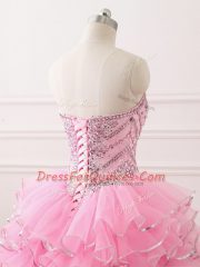 Vintage Sleeveless Organza Sweep Train Lace Up Ball Gown Prom Dress in Baby Pink with Beading and Ruffled Layers