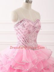 Vintage Sleeveless Organza Sweep Train Lace Up Ball Gown Prom Dress in Baby Pink with Beading and Ruffled Layers