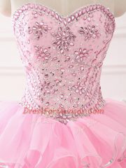 Vintage Sleeveless Organza Sweep Train Lace Up Ball Gown Prom Dress in Baby Pink with Beading and Ruffled Layers