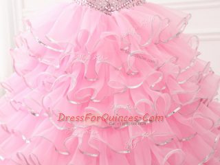 Vintage Sleeveless Organza Sweep Train Lace Up Ball Gown Prom Dress in Baby Pink with Beading and Ruffled Layers