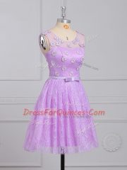 Popular Lace Scoop Sleeveless Lace Up Appliques and Belt Vestidos de Damas in Lilac