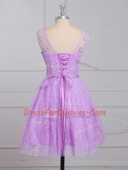 Popular Lace Scoop Sleeveless Lace Up Appliques and Belt Vestidos de Damas in Lilac