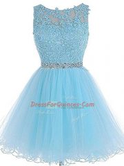 Baby Blue Tulle Zipper Prom Dress Sleeveless Mini Length Beading and Lace and Appliques