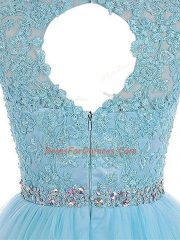 Baby Blue Tulle Zipper Prom Dress Sleeveless Mini Length Beading and Lace and Appliques