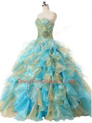 Captivating Sleeveless Beading and Ruffles Lace Up Quince Ball Gowns