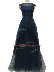Enchanting Navy Blue Empire Tulle Bateau Sleeveless Lace and Appliques Floor Length Zipper Prom Party Dress