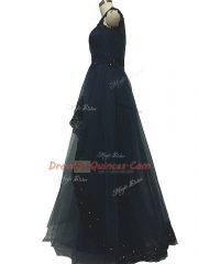 Enchanting Navy Blue Empire Tulle Bateau Sleeveless Lace and Appliques Floor Length Zipper Prom Party Dress